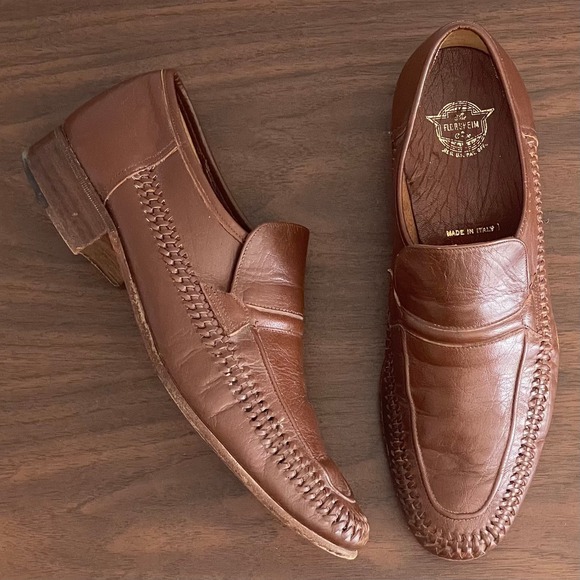 VTG Florsheim Loafers Mens 9 Brown Leather Weave made in Italy Slip-On Shoes - Picture 1 of 11